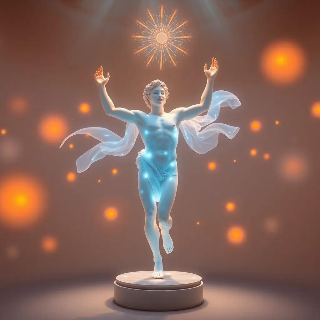 A glowing figure representing the idea of man, performing a joyful dance in a clear space, surrounded by radiant lights and soft glowing orbs, fantasy illustration, warm light, colorful tones, engaging view, high quality