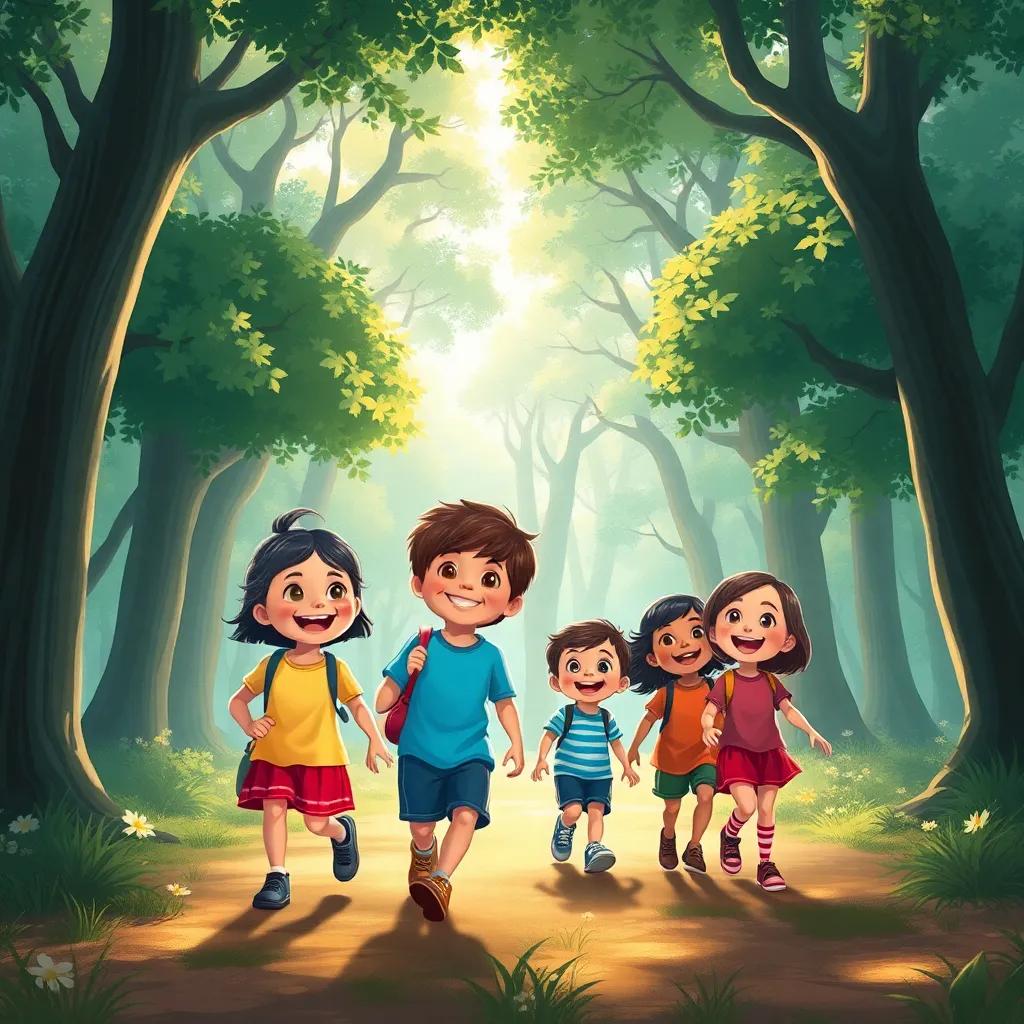 Un grupo de niños felices, explorando un bosque mágico detrás de la escuela, con árboles altos y brillantes alrededor, risas y pasos ligeros, estilo digital, colorido, alegre, perspectiva amplia, calidad alta