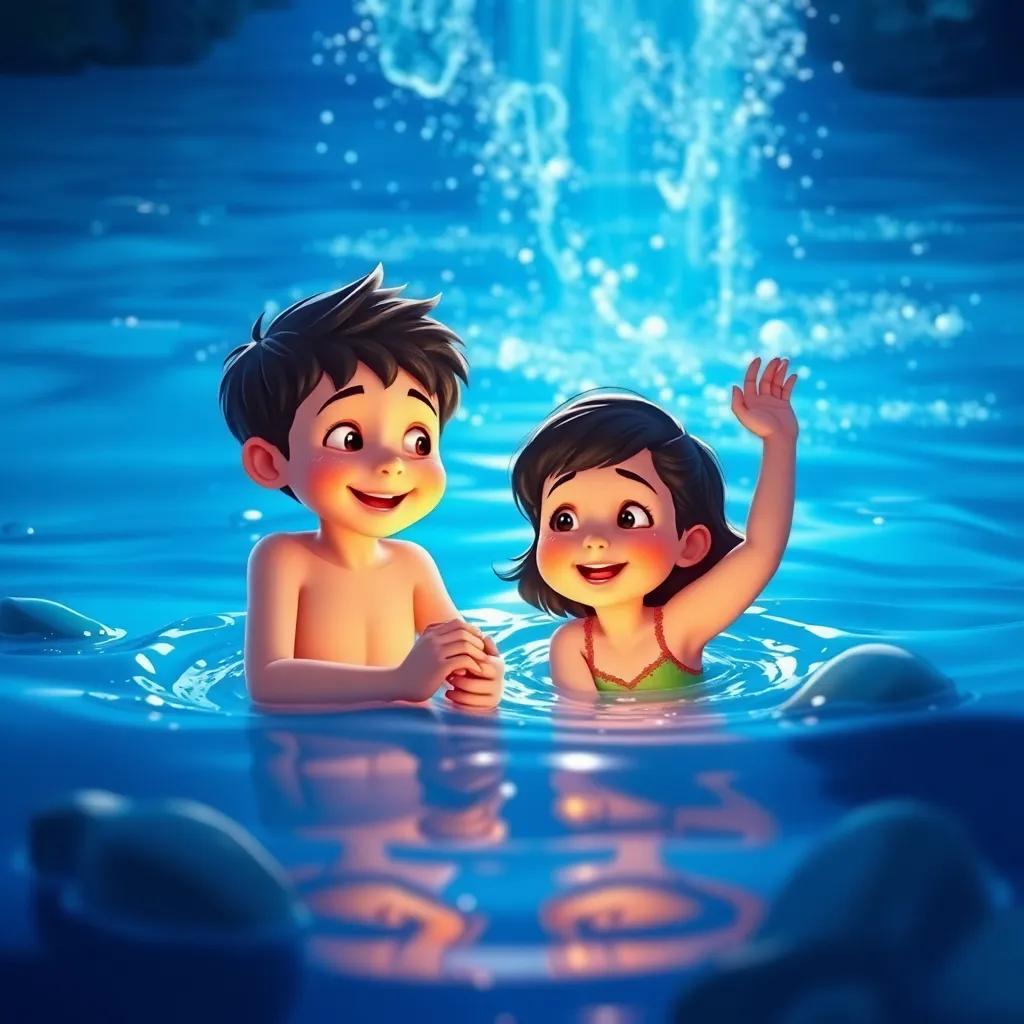 Un río brillante que canta, con agua clara fluyendo, niños escuchando y sonriendo, color azul intenso, estilo artístico, alegre y vibrante, perspectiva tranquila, alta calidad