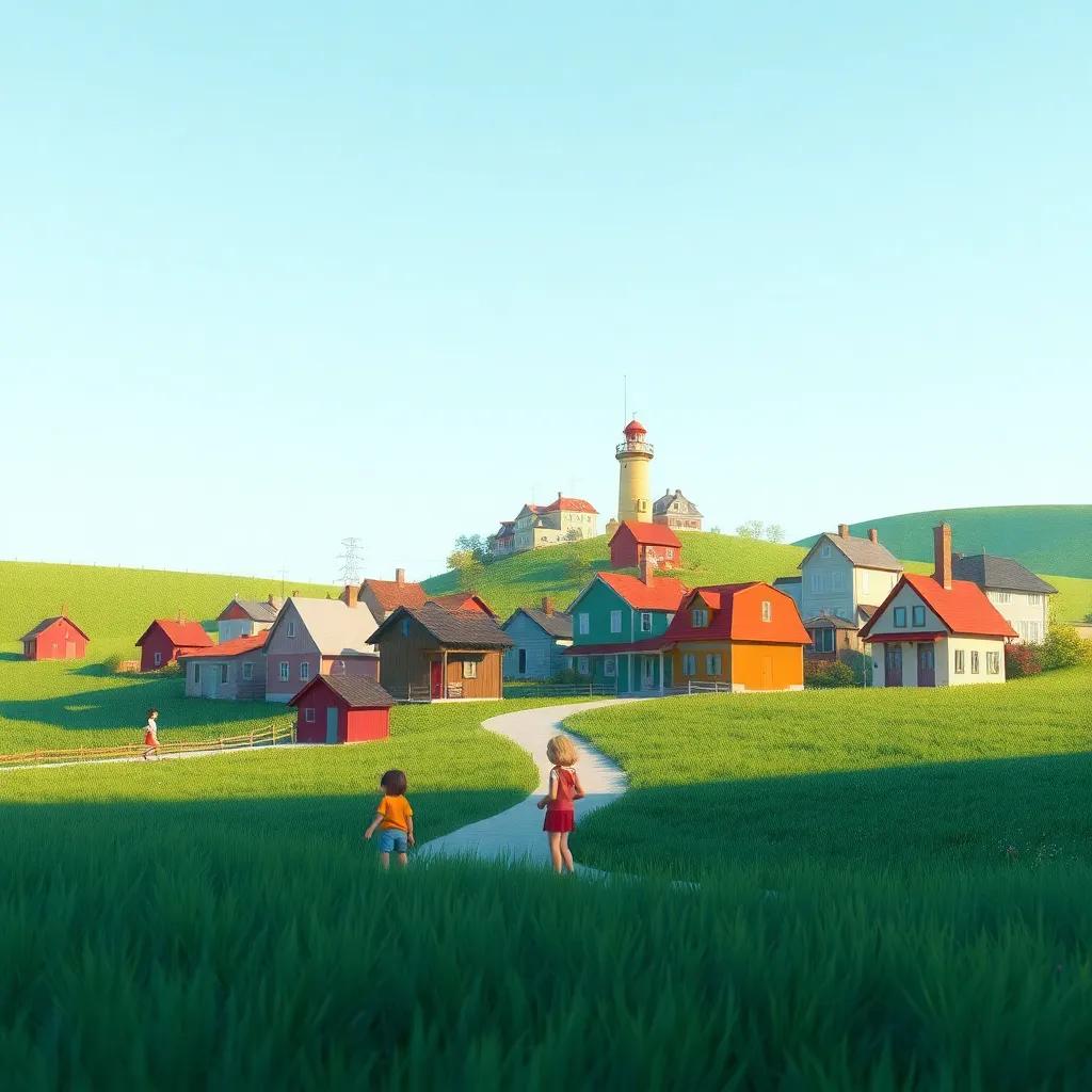 A small village with kids playing and the wind gently blowing, colorful houses, green fields, light blue sky, cheerful atmosphere, digital art, vibrant colors, bright and warm lighting