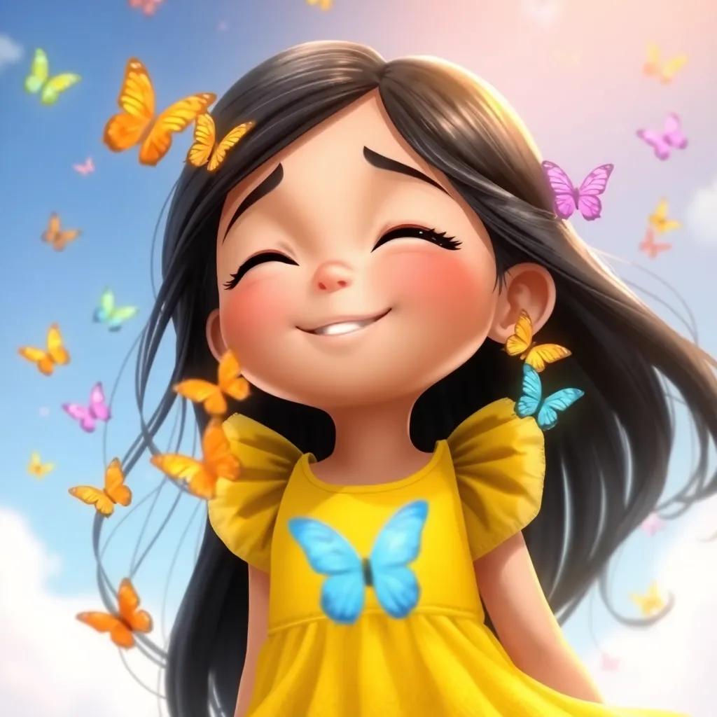 Marisol, a curious little girl with long black hair, wearing a bright yellow dress, closing her eyes and smiling as she imagines flying with the wind, surrounded by colorful butterflies, fantasy style, light effect, soft colors