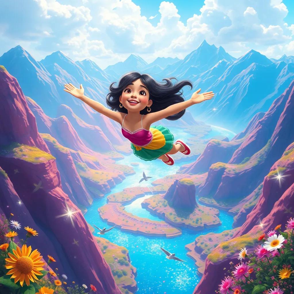 Marisol flying high in the sky amidst colorful landscapes, mountains in the background, rivers sparkling like diamonds, flowers dancing in the air, joyful and uplifting, digital painting, bright colors, dreamy atmosphere