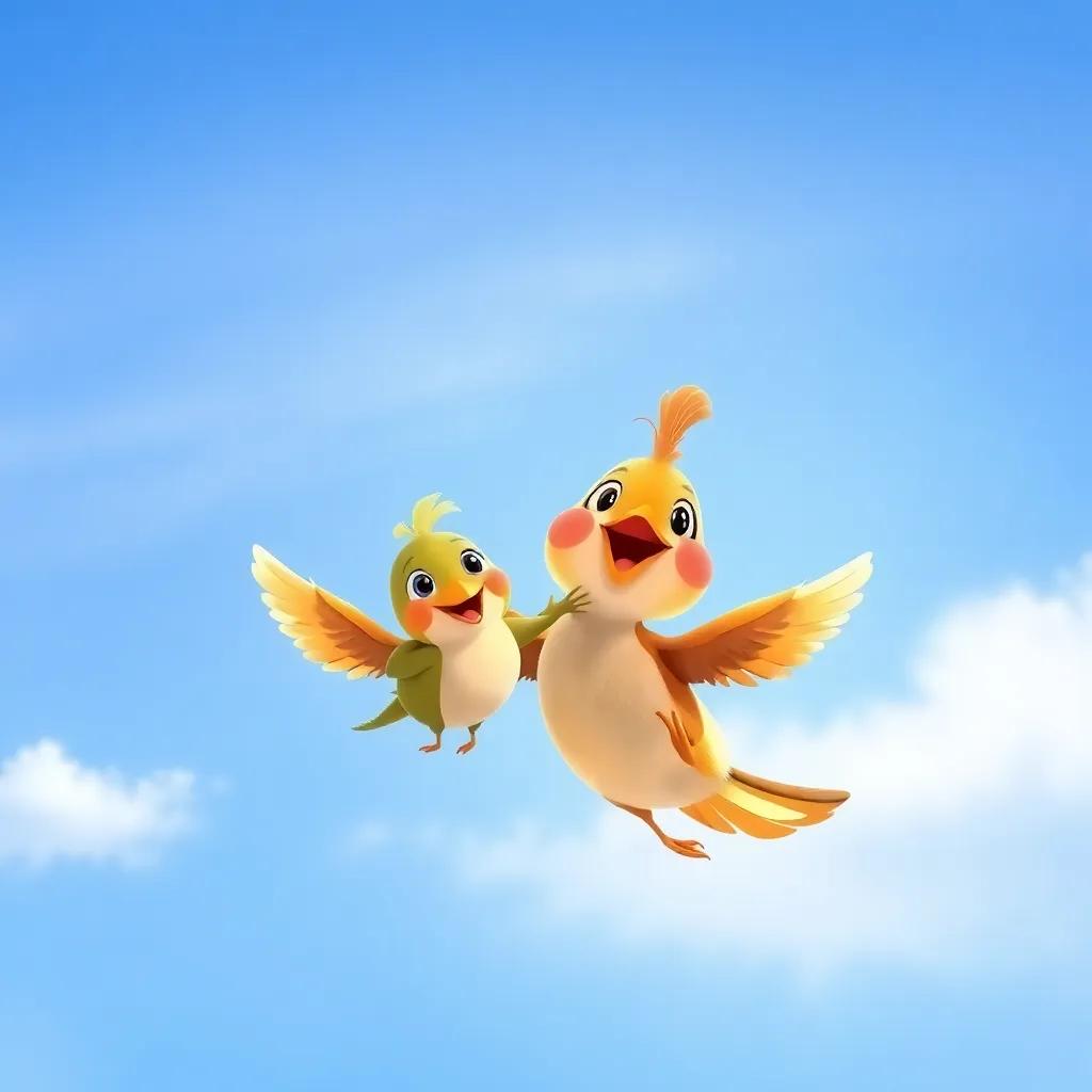 A small bird next to Marisol, both smiling and soaring together in the blue sky, creating fun shapes and flips in the air, warmth and happiness in the atmosphere, child-friendly illustration, vibrant light, cheerful