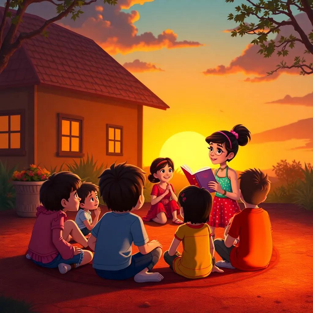Marisol back home, sharing stories with her friends about her magical adventure, children sitting in a circle, excited and listening intently, warm sunset ambiance, detailed and charming, heartwarming scene