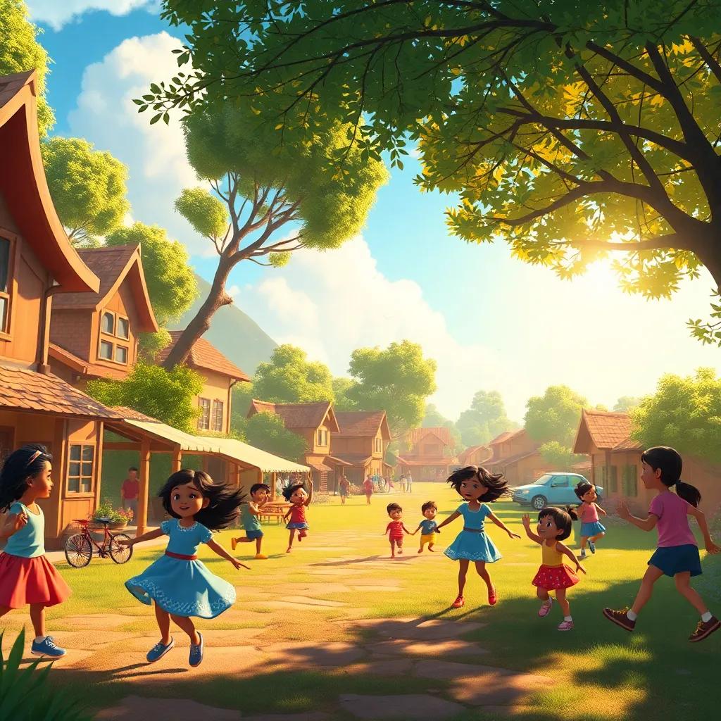 A vibrant village with children playing and dancing in the wind, trees swaying, sunlight shining, colorful atmosphere, cheerful vibe, warm light, heartwarming