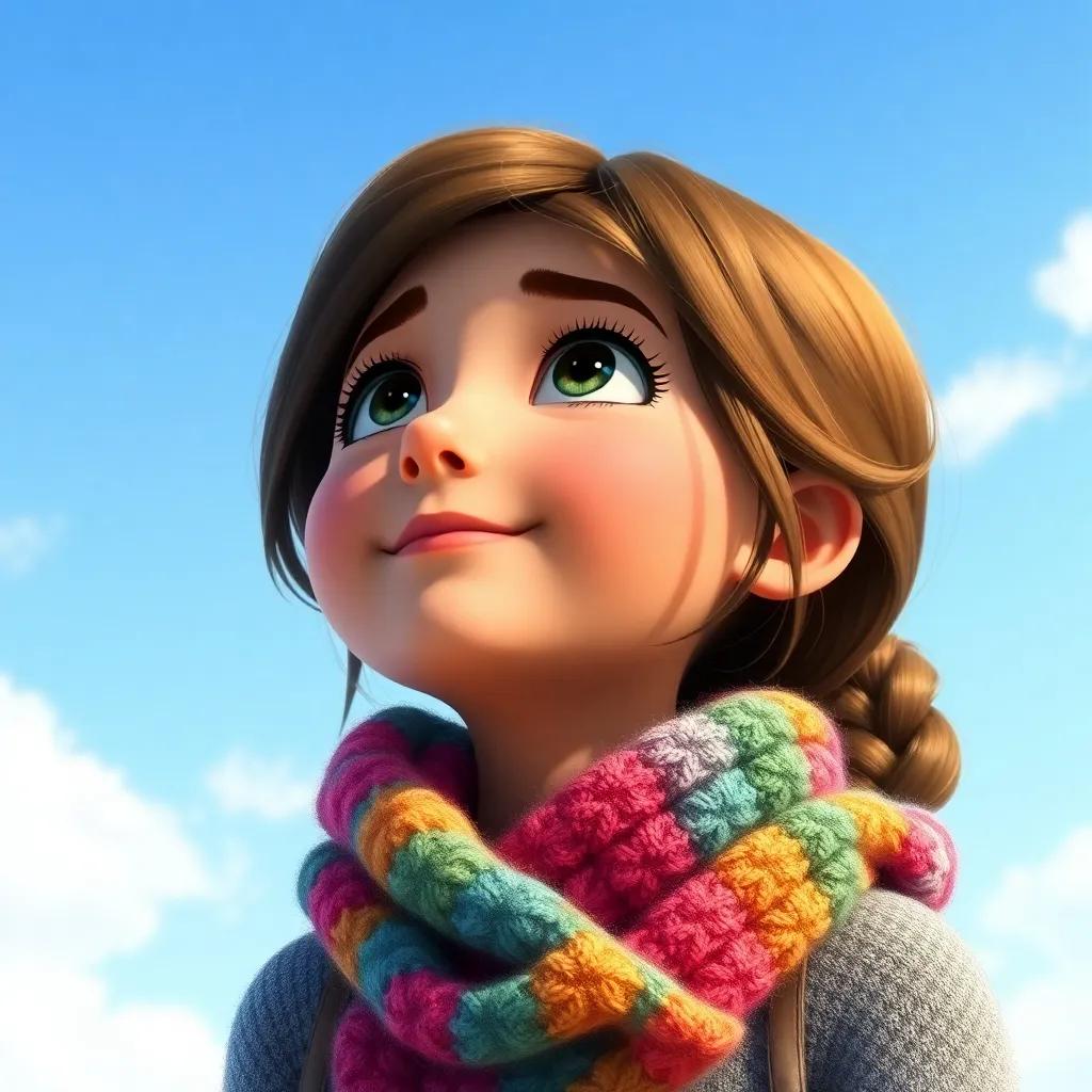 Sofía, a young girl with brown hair, wearing a colorful knitted scarf, looking up at the blue sky with hope and dreams in her eyes, detailed digital art, bright colors, uplifting mood