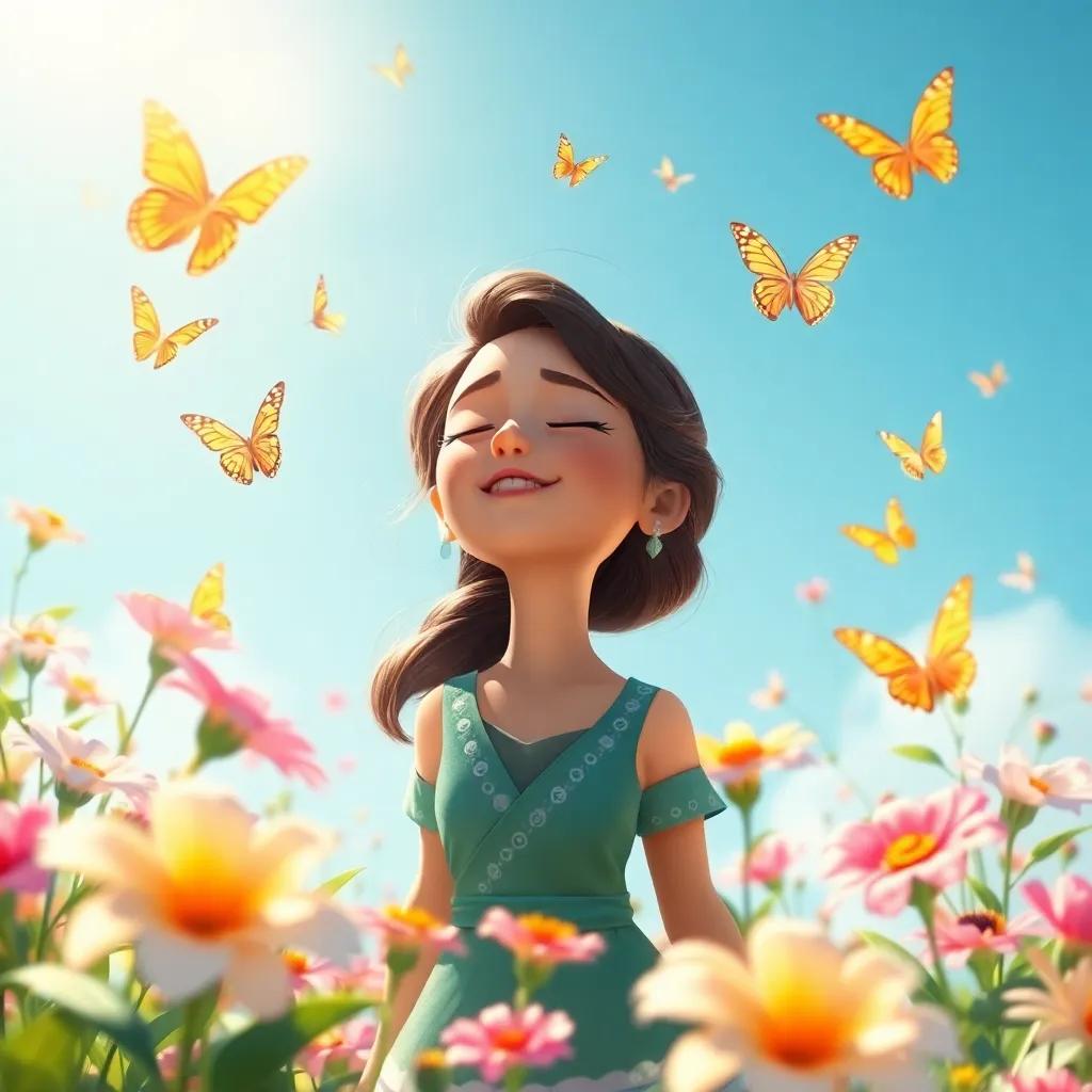 The gentle wind blowing through flowers, butterflies fluttering around, Sofía closing her eyes, feeling the magic around her, sunny day, serene atmosphere, joyful
