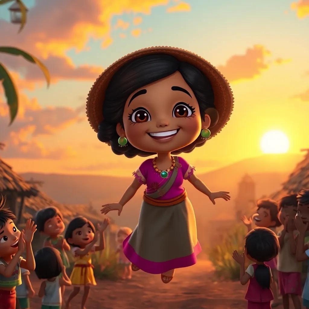 Sofía landing softly in her village, smiling broadly, children cheering and clapping, a sunset backdrop with warm colors, a feeling of happiness and accomplishment