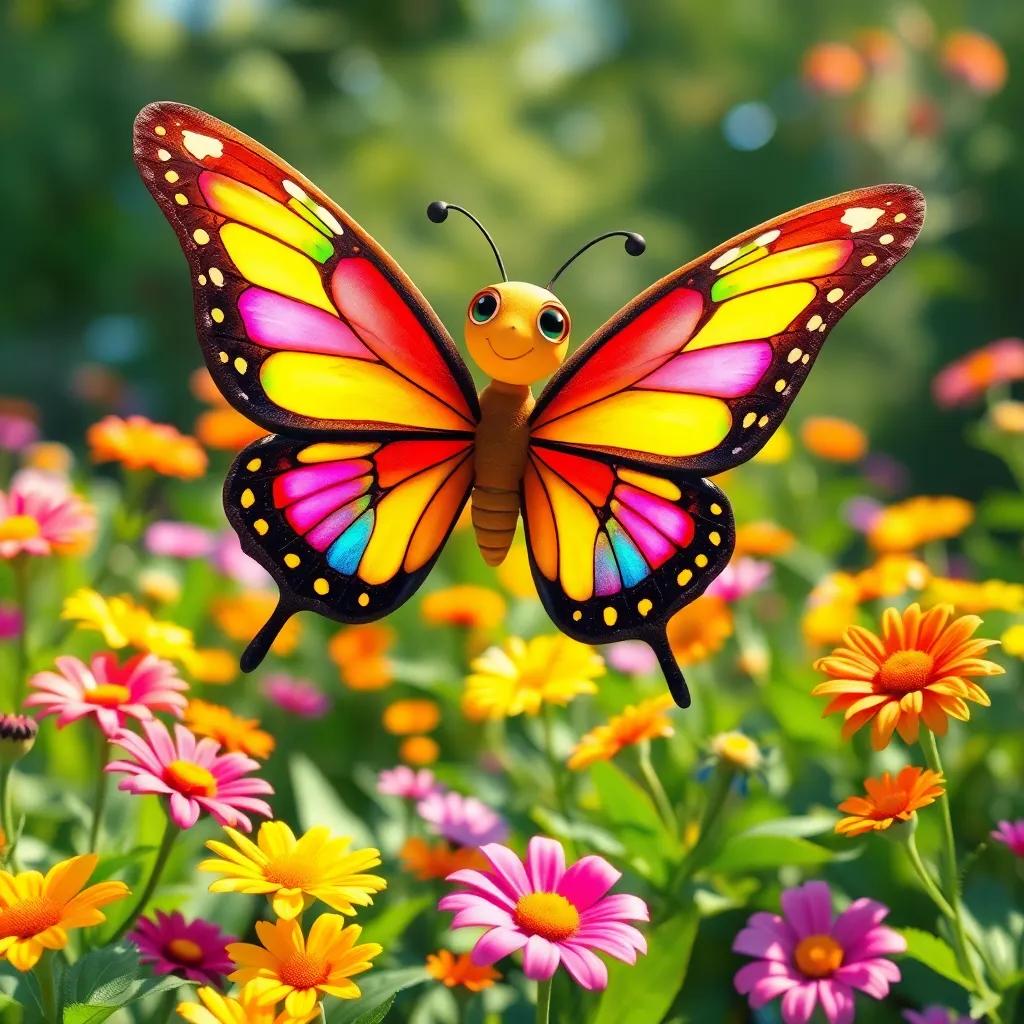 A beautiful butterfly named Bella, with bright rainbow-colored wings, flying joyfully over a garden filled with vibrant flowers, cheerful and colorful, digital art, bright colors, sunny environment, high quality
