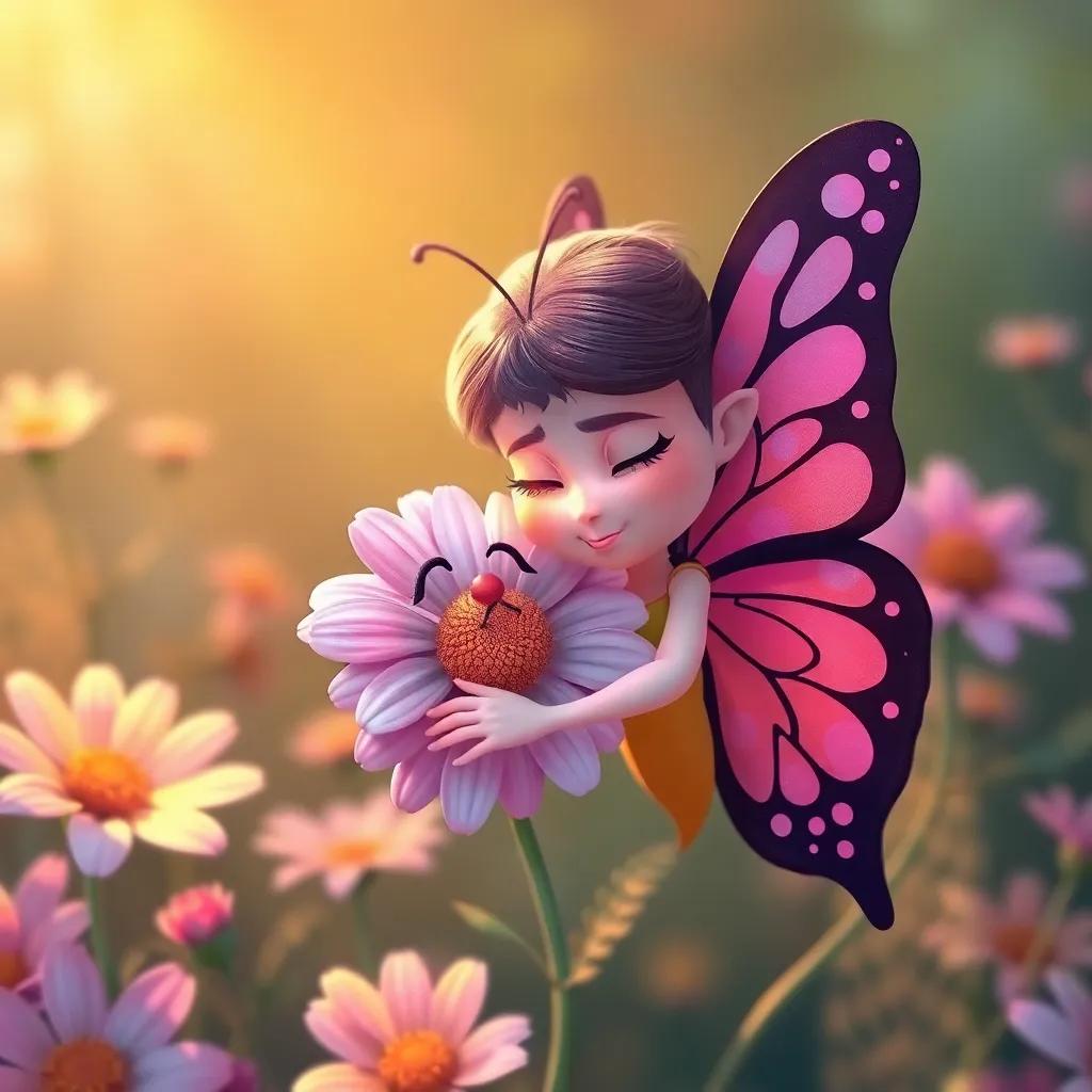 Bella the butterfly gently embracing a sad flower named Lila, showing compassion, surrounded by other flowers in the background, warm and inviting atmosphere, illustration, soft light, heartwarming scene, child-friendly
