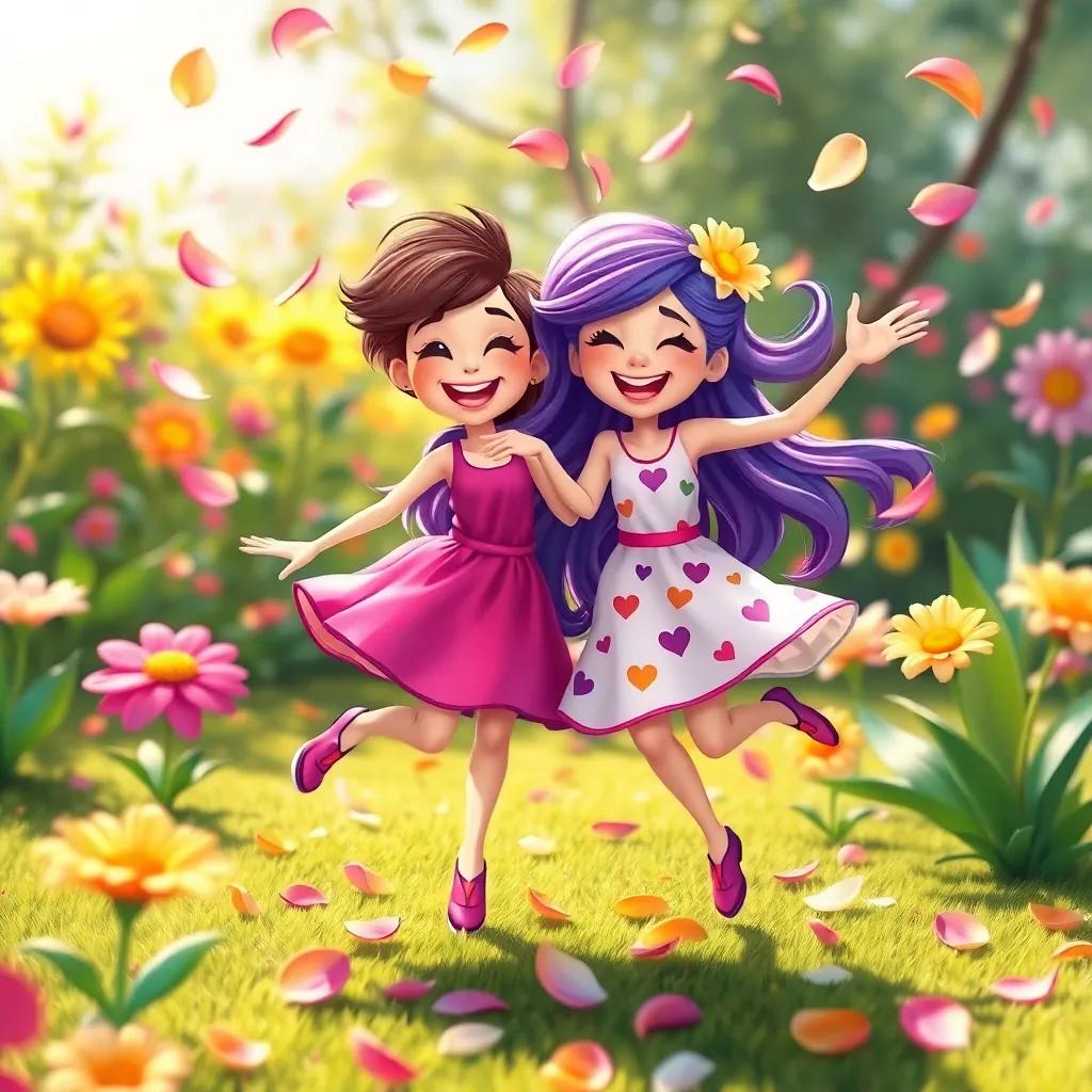Bella and Lila dancing happily in the garden, petals swirling around them, other flowers joining in the fun, filled with joy and laughter, colorful, vibrant, playful art style, dynamic movement