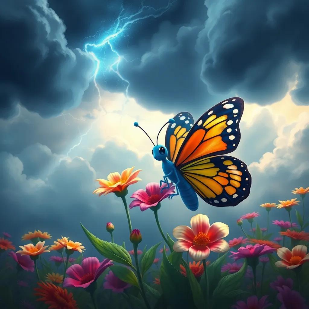 A strong storm above the garden, Bella the butterfly bravely hugging the flowers to protect them, a dramatic scene with dark clouds and bright flowers contrasting, digital painting, energetic, uplifting, highly detailed
