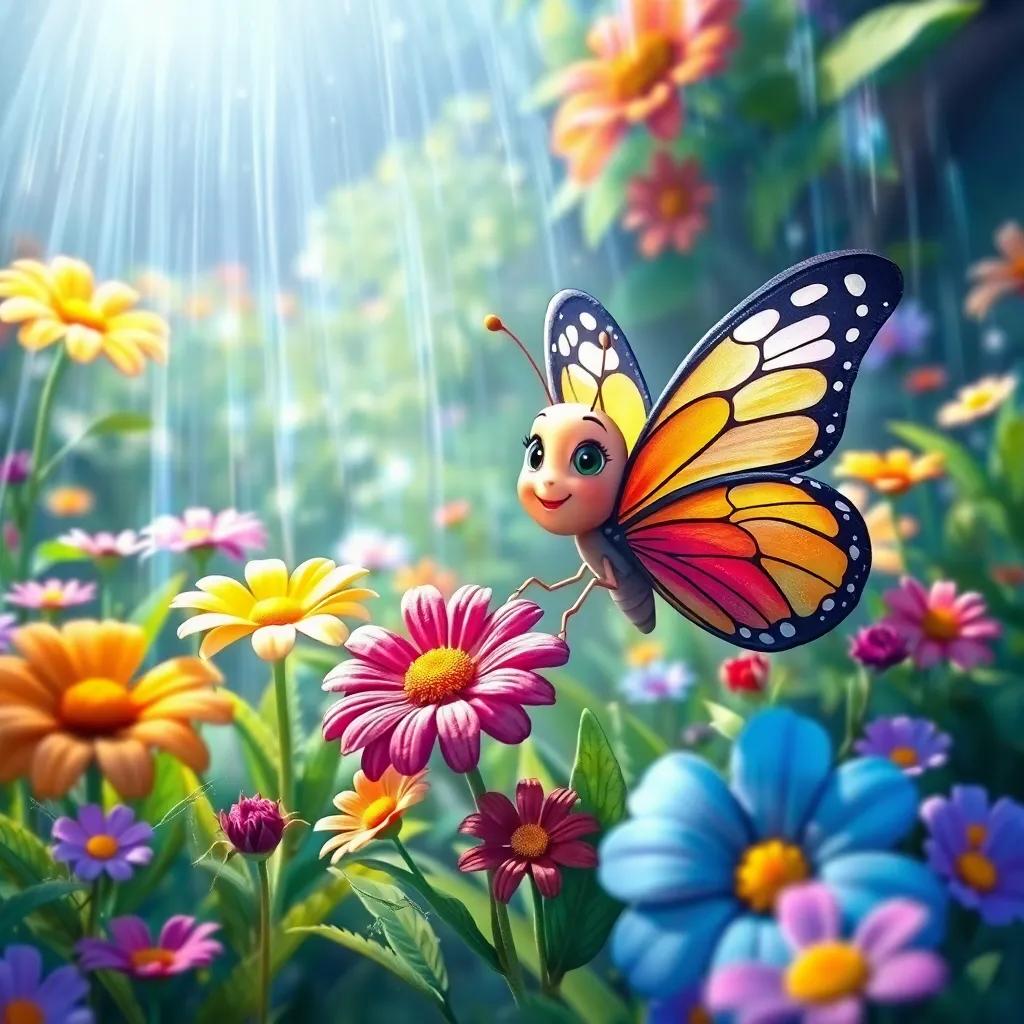 After the storm, Bella and the flowers looking bright and cheerful, the garden sparkling with color and life, Bella the butterfly lovingly surrounded by her flower friends, vibrant and cheerful, joyful celebration atmosphere, heartwarming moment