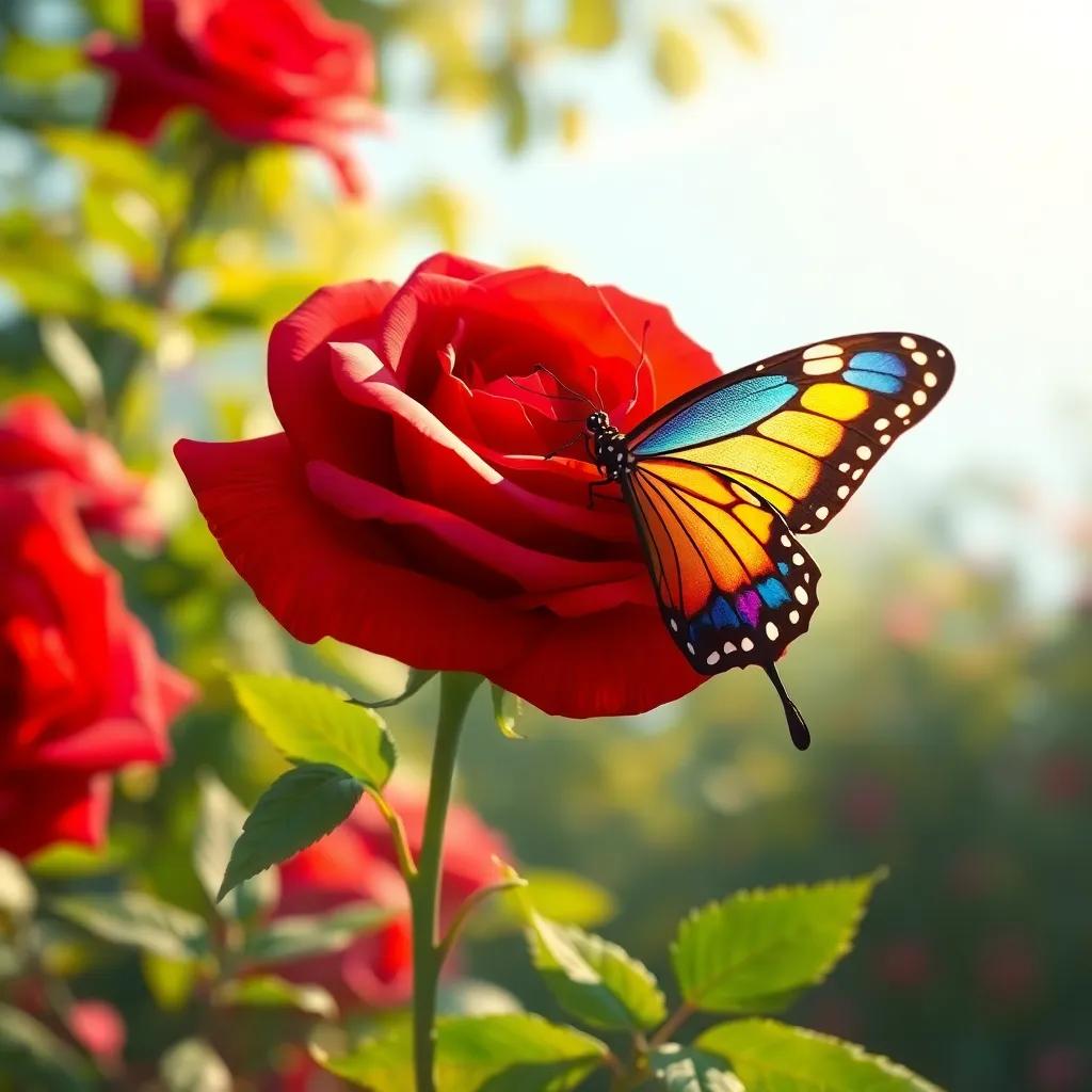 A butterfly gently hugging a beautiful red rose with its colorful wings in a sunny garden, illustration, soft light, vibrant colors, heartwarming scene, high detail