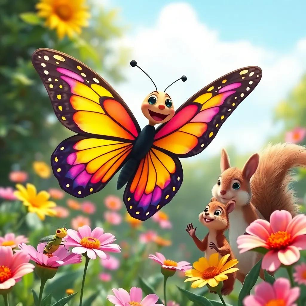 The butterfly flying joyfully through the garden, inviting a grasshopper, a bee, and a little squirrel to a flower party, cheerful atmosphere, sunny day, vibrant colors, friends together