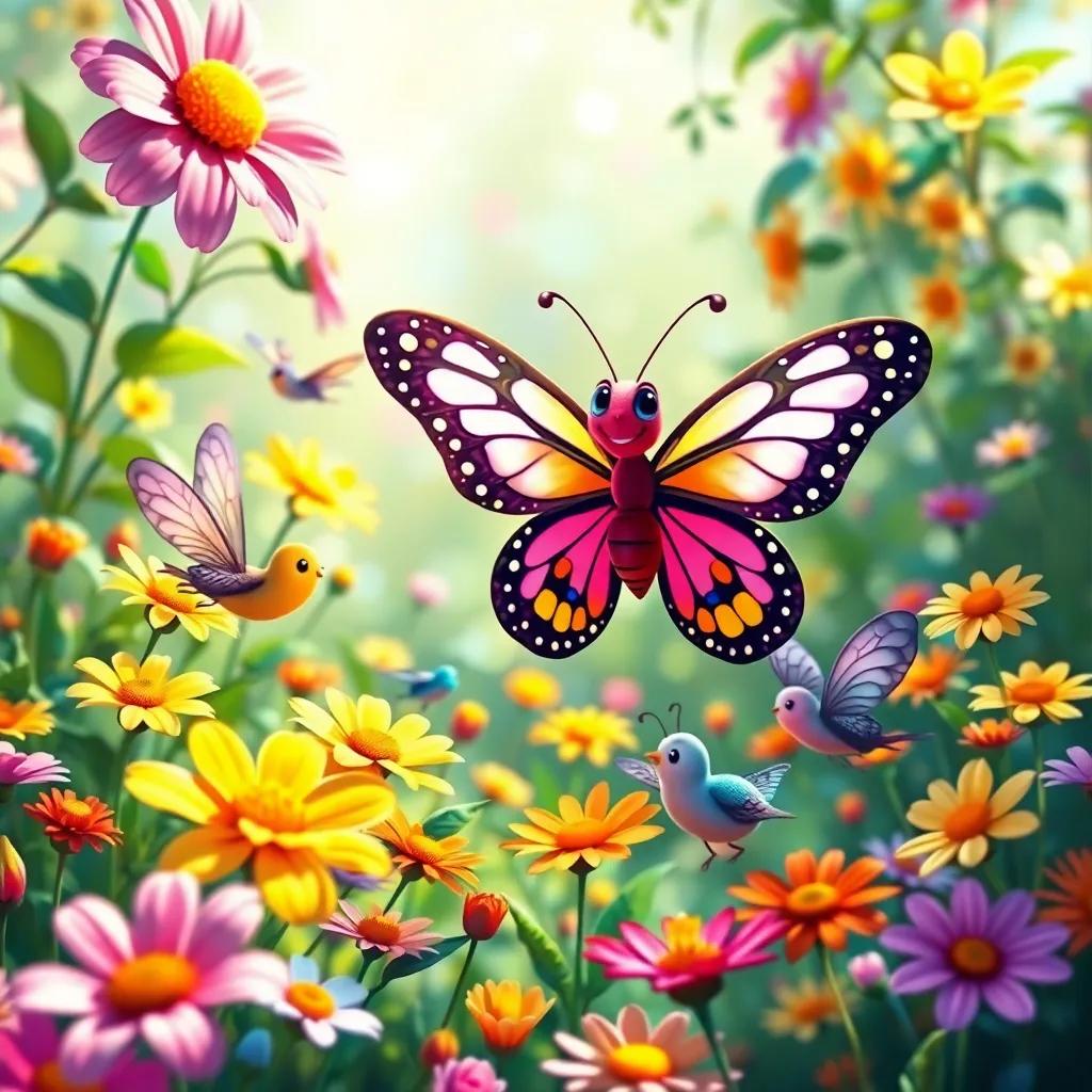 A magical flower party scene with the butterfly and her friends dancing around colorful flowers in the garden, digital painting, lively colors, joyful environment, high quality