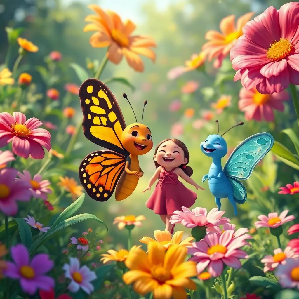 The butterfly and her friends returning to the garden, surrounded by fresh flowers, sharing laughter and joy, warm colors, bright and uplifting scene, high quality