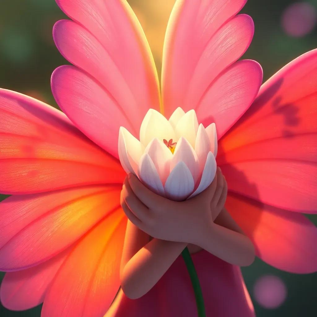 A close-up of Lila embracing a beautiful, solitary flower, soft petals surrounding her vibrant wings, warm light shining, intimate moment, detailed illustration