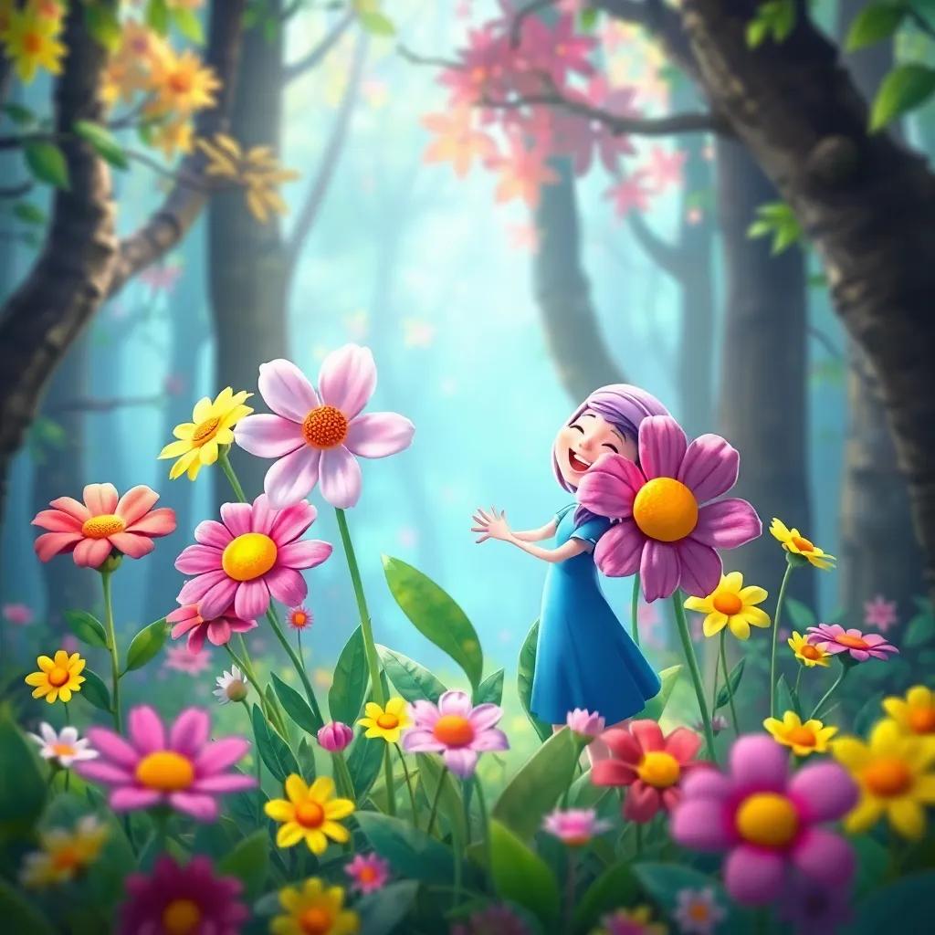 Lila and the happy flower, now surrounded by more flowers, embracing them joyfully, the forest filled with bright colors and laughter, whimsical, child-friendly