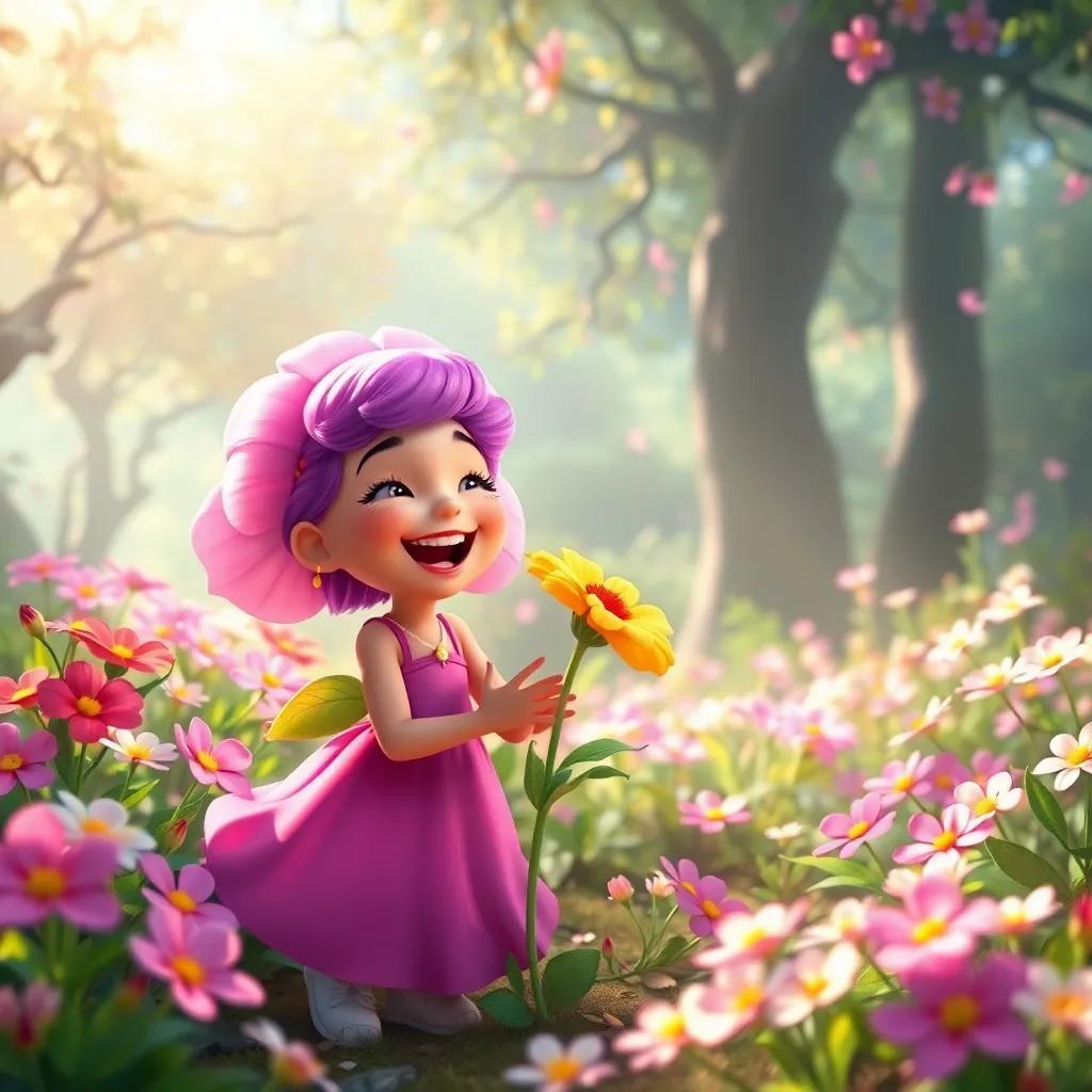 Lila and the flower laughing and playing in a magical forest, bright flowers blooming everywhere, creating a vibrant and lively scene, cheerful, enchanting light