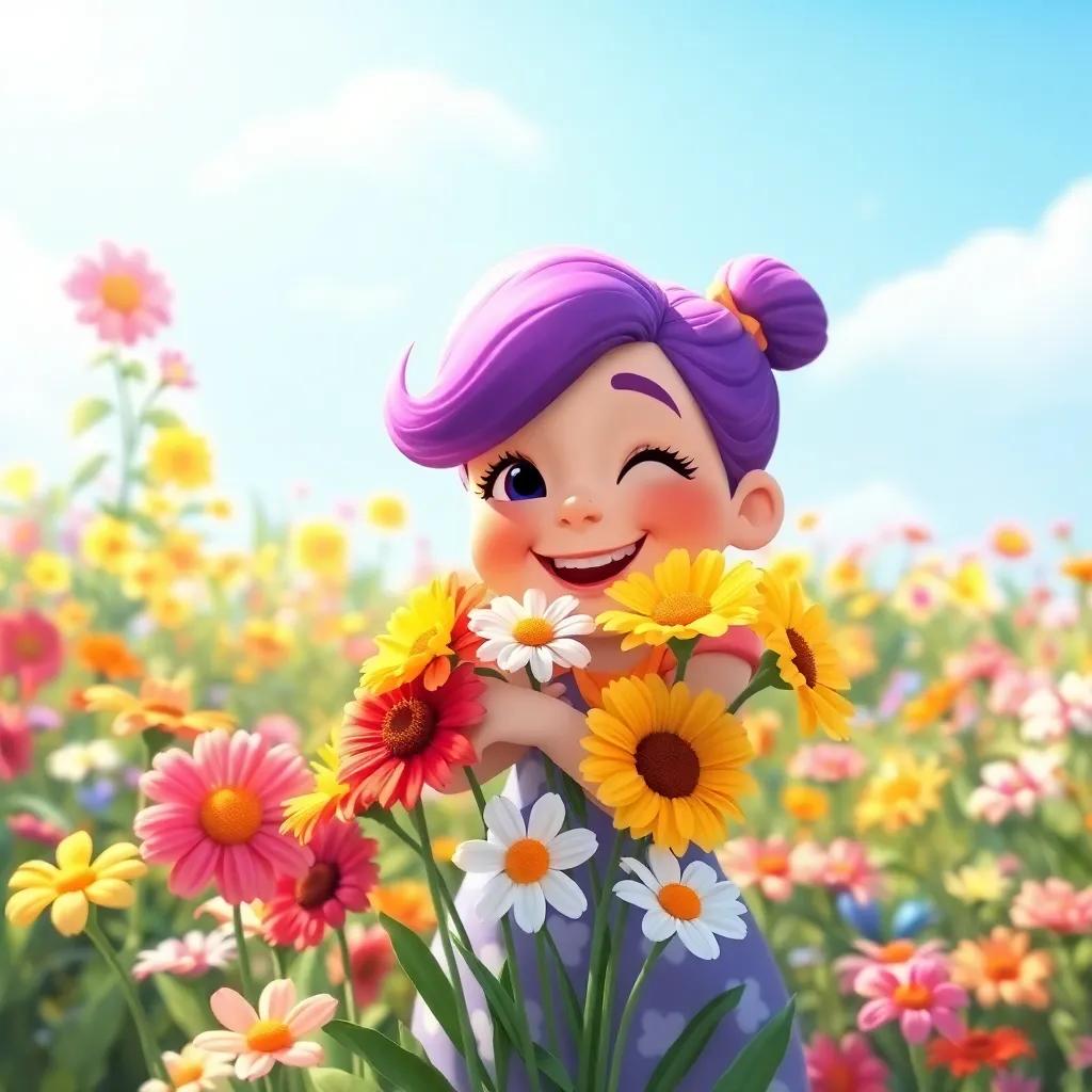 Lila happily embracing a group of flowers, a colorful and lively garden in the background, filled with smiles and a bright blue sky, heartwarming, warm colors