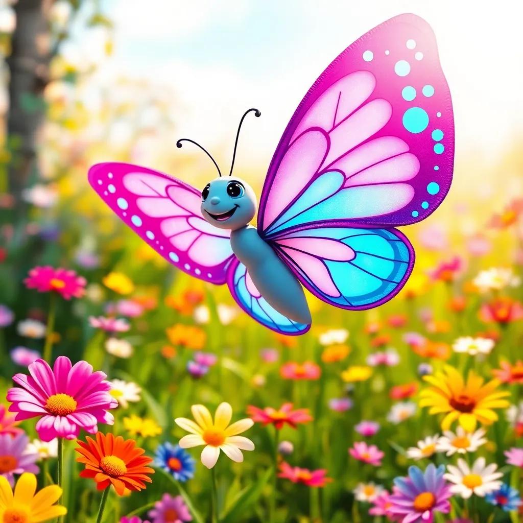A colorful butterfly named Luz, with bright pink and blue wings, flying happily in a sunny meadow filled with flowers, whimsical, vibrant colors, inviting atmosphere, bright sunlight, high quality