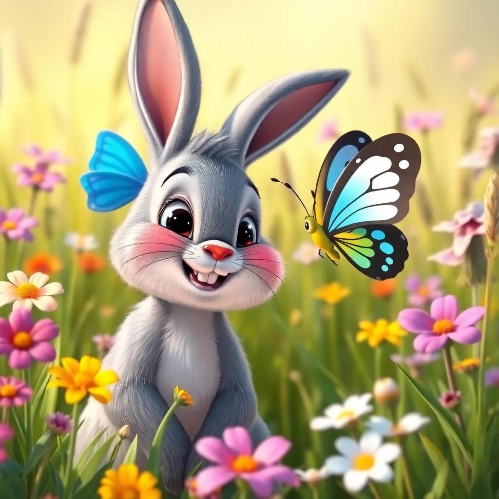 A cute gray rabbit smiling at Luz the butterfly, both surrounded by colorful flowers and tall grass, cheerful, warm light, bright colors, friendly scene, high quality