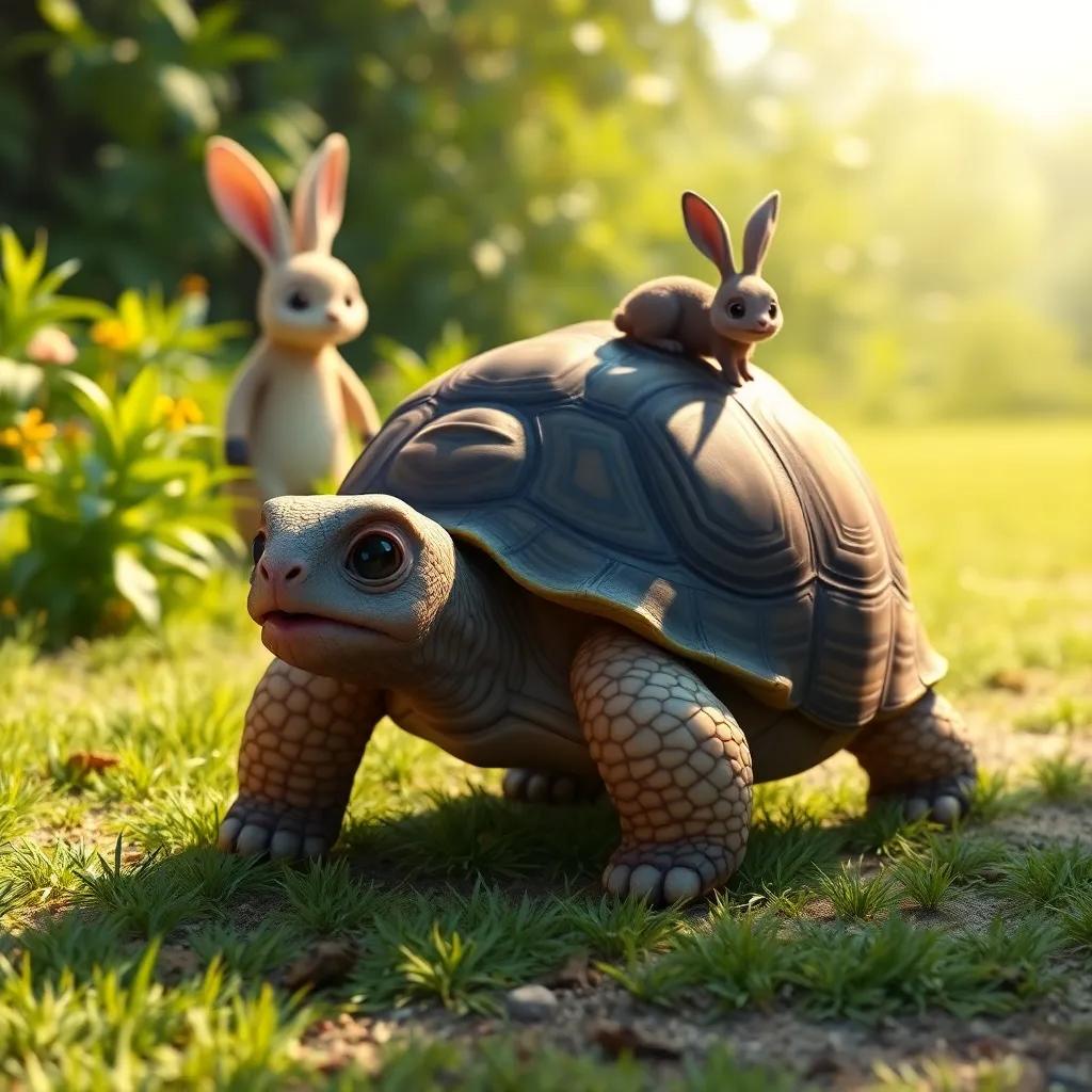 A wise tortoise with a beautiful pattern on its shell, slowly walking towards Luz and the rabbit on a sunny day, lush green background, gentle sunlight, peaceful mood, realistic, high quality
