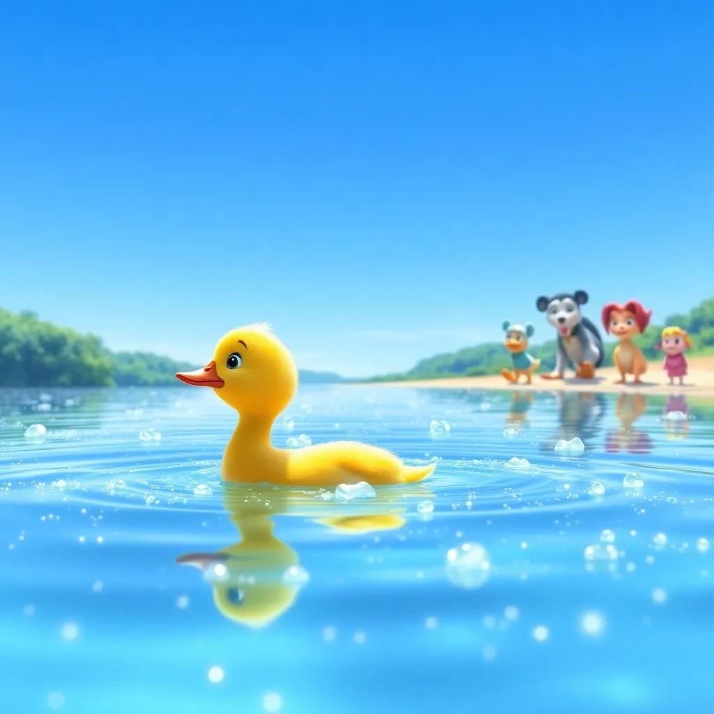 A lovely yellow duck swimming in a sparkling lake, with Luz and her friends in anticipation on the shore, bright blue sky, cheerful reflection, joyful scene, high quality