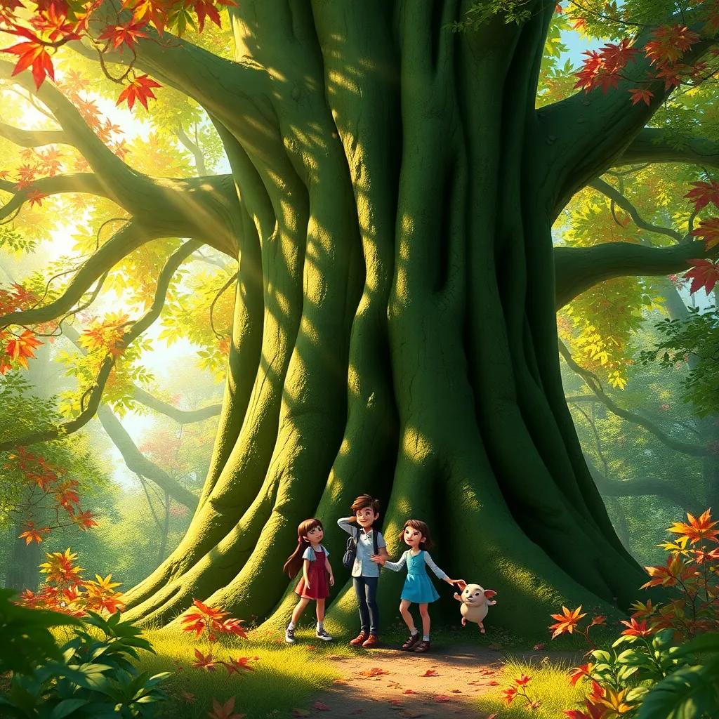 Luz and her friends exploring a giant green tree in a sunny forest, filled with colorful leaves and sunlight streaming through, adventurous atmosphere, vibrant, high quality