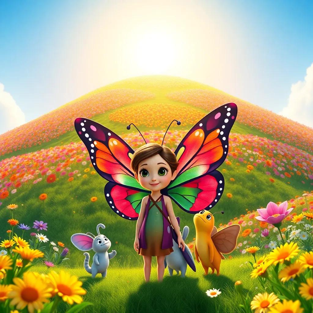 Luz the butterfly with her friends standing in front of a beautiful hill covered in multicolored flowers, with a shining sun above, magical, bright, inviting, high quality