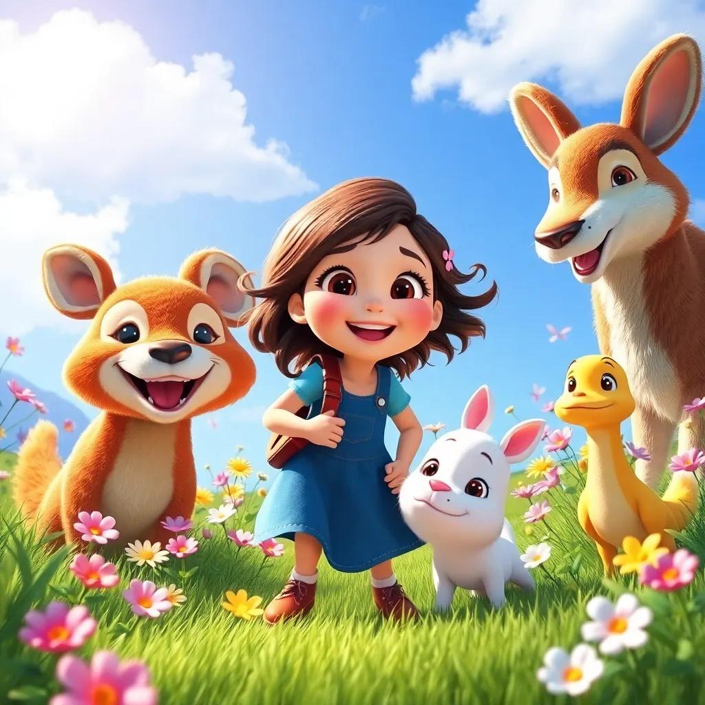 Luz and her animal friends having fun together, exploring beautiful scenery with colorful flowers and a bright blue sky, joyful expressions, vibrant colors, happy atmosphere, high quality