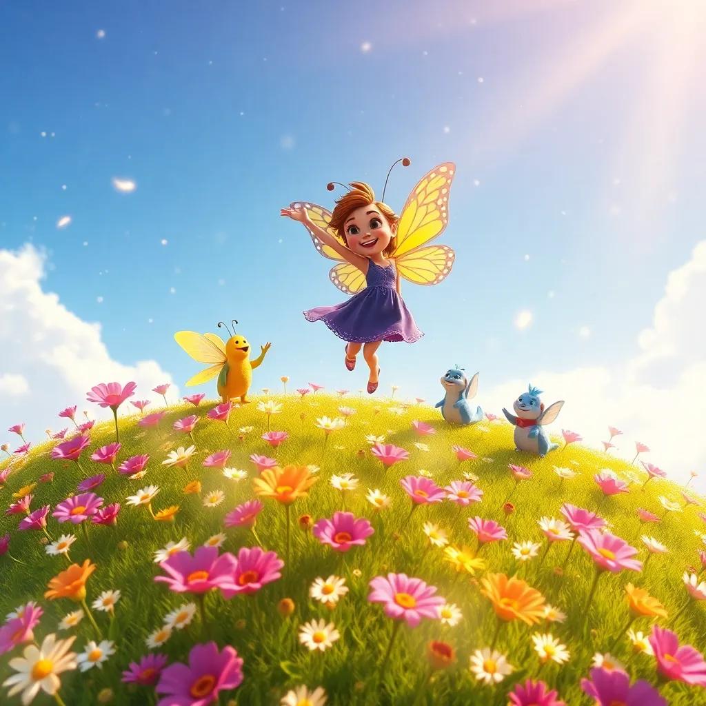 A bright hill covered in sparkly flowers, with Luz the butterfly happily dancing in the air, while her friends cheer her on, magical, colorful, lively, high quality