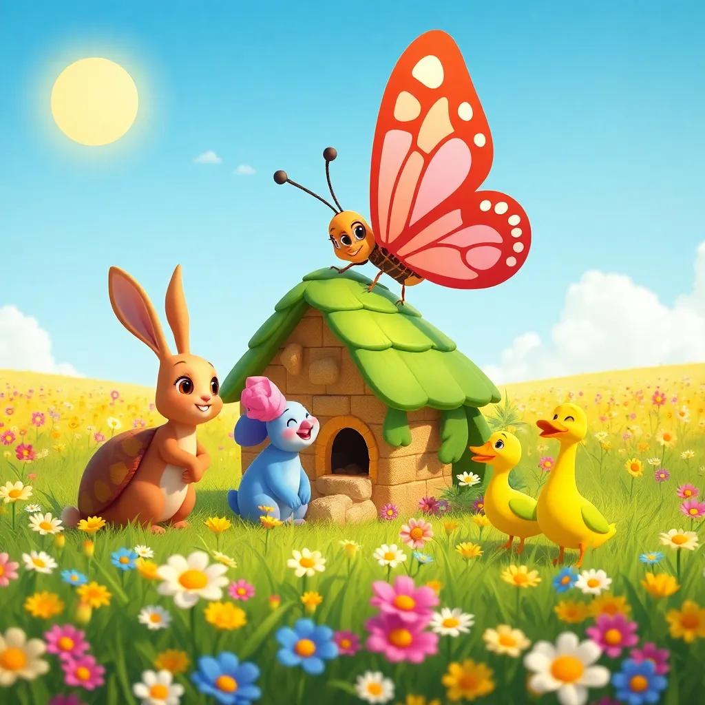 Luz the butterfly with her rabbit, tortoise, and duck friends happily building her new home together in a sunny field filled with flowers, warm atmosphere, cheerful, high quality