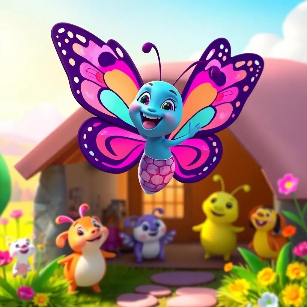Luz the butterfly flying joyfully in her new home, surrounded by her friends with smiles, a colorful landscape in the background, happy scene, bright colors, uplifting, high quality