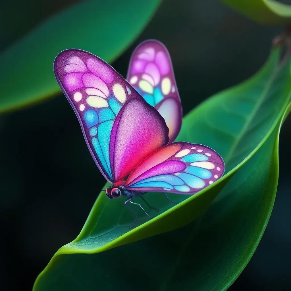 Una mariposa llamada Lila, con plumaje de colores brillantes, sentada en una hoja verde, mirando alrededor con una expresión preocupada, digital art, vibrante, alegre atmosphera, high quality