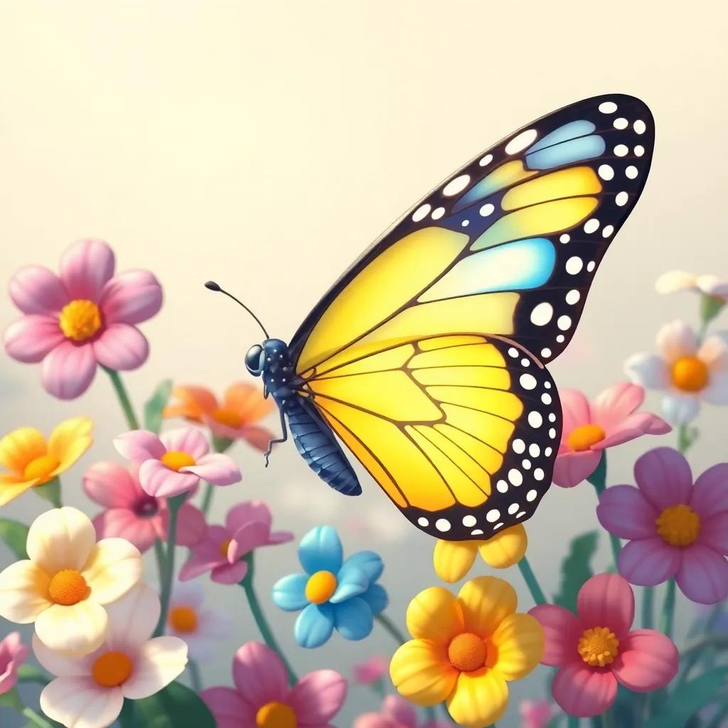 Lila, la mariposa sin alas, rodeada de flores de diferentes colores, con flores que la saludan, ilustración colorida, cálida, amigable, calidad alta