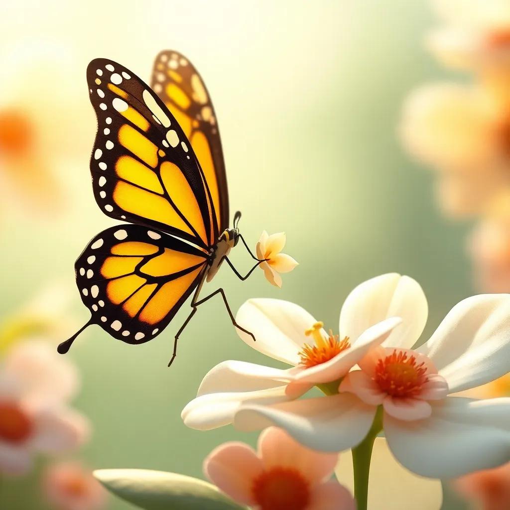 Una mariposa charlando con una flor, con regales suaves y tiernos, sentada en una rama, luz suave, ilustración, cálido, acogedor, detalle encantador