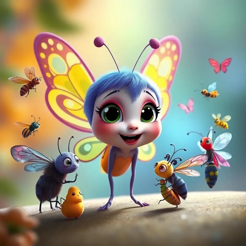 Lila, la mariposa sonriente, rodeada de amigos insectos, contando historias, alta luminosidad, colores vivos, ilustración animada, detalle feliz