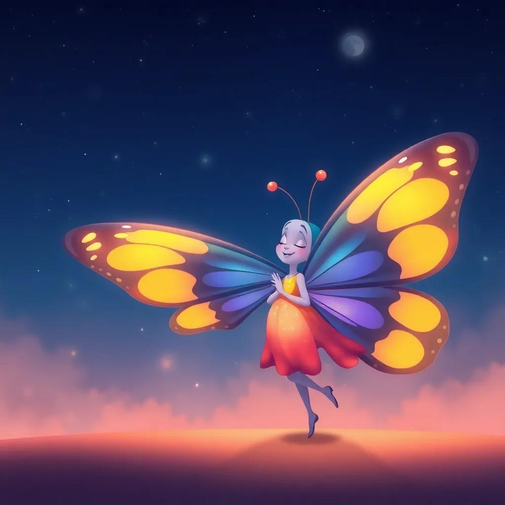 Una mariposa con un gran corazón, bailando y sonriendo, bajo un cielo estrellado, suave luz nocturna, colorido, cálido, ilustración encantadora
