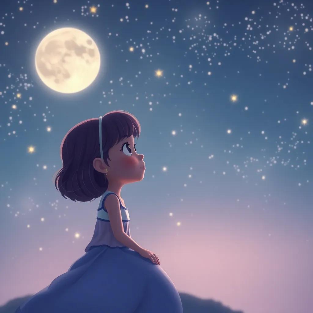 Lila en una noche estrellada, pensando con una sonrisa, observando las estrellas, ilustración tranquila, atmósfera mágica, perspectiva soñadora
