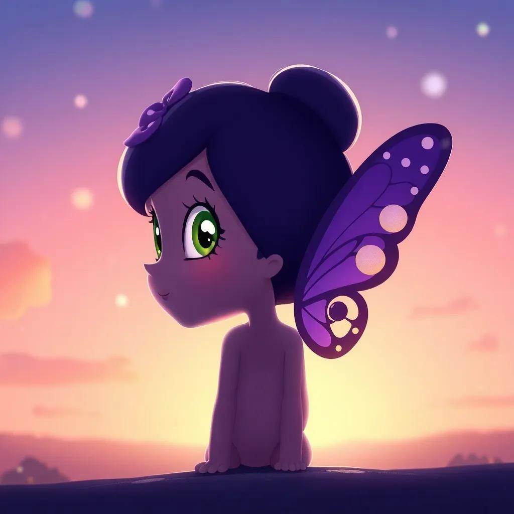 Lila, la mariposa sin alas, mirando el horizonte con una sonrisa, con una luz suave y brillante, ilustración inspiradora, tranquila, encantadora