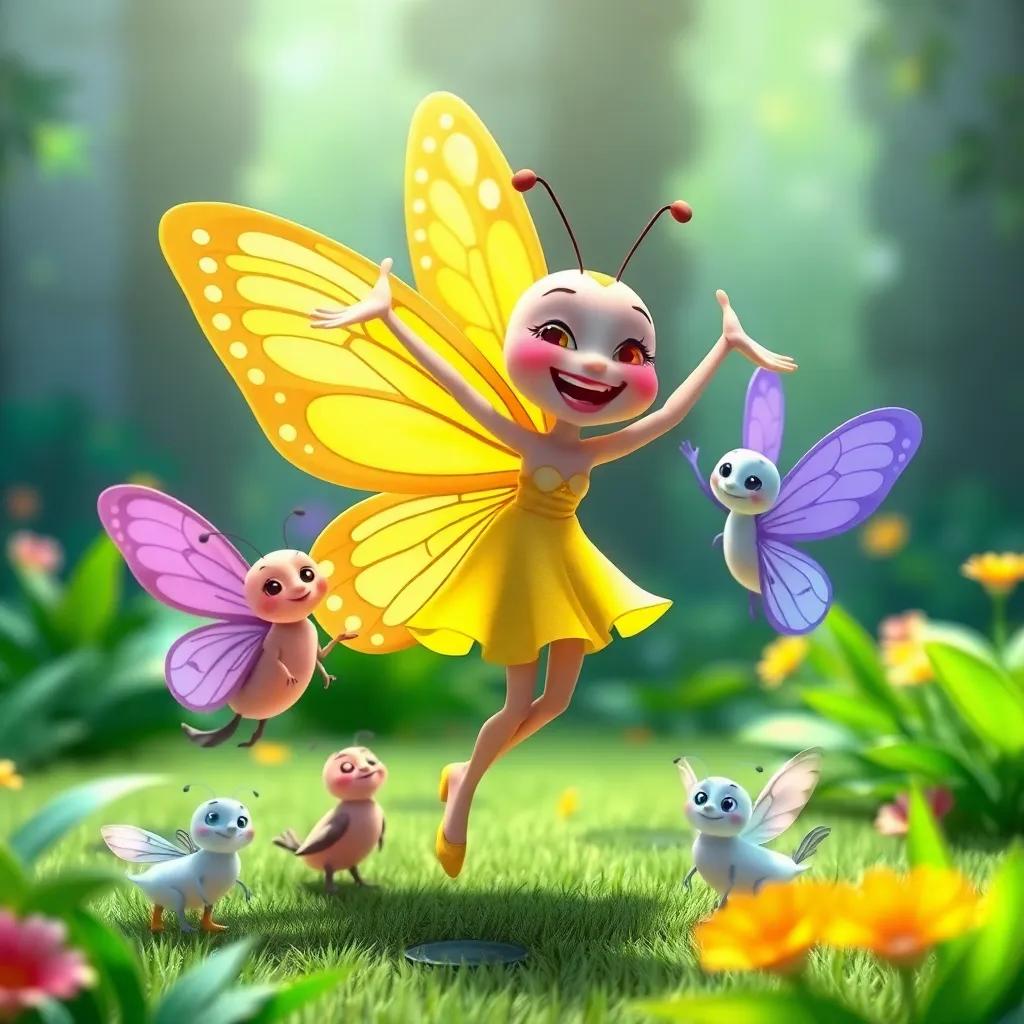 Una mariposa contenta, Lila, bailando alegremente en el jardín con sus amigos, colores vibrantes, luz brillante, imagen optimista