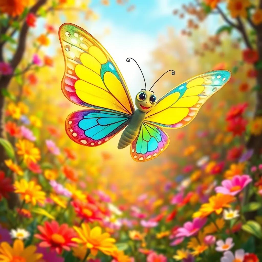 A butterfly named Artista, with bright yellow, blue, and pink wings, flying joyfully in a colorful forest full of flowers, digital art, vibrant colors, cheerful atmosphere, high-quality