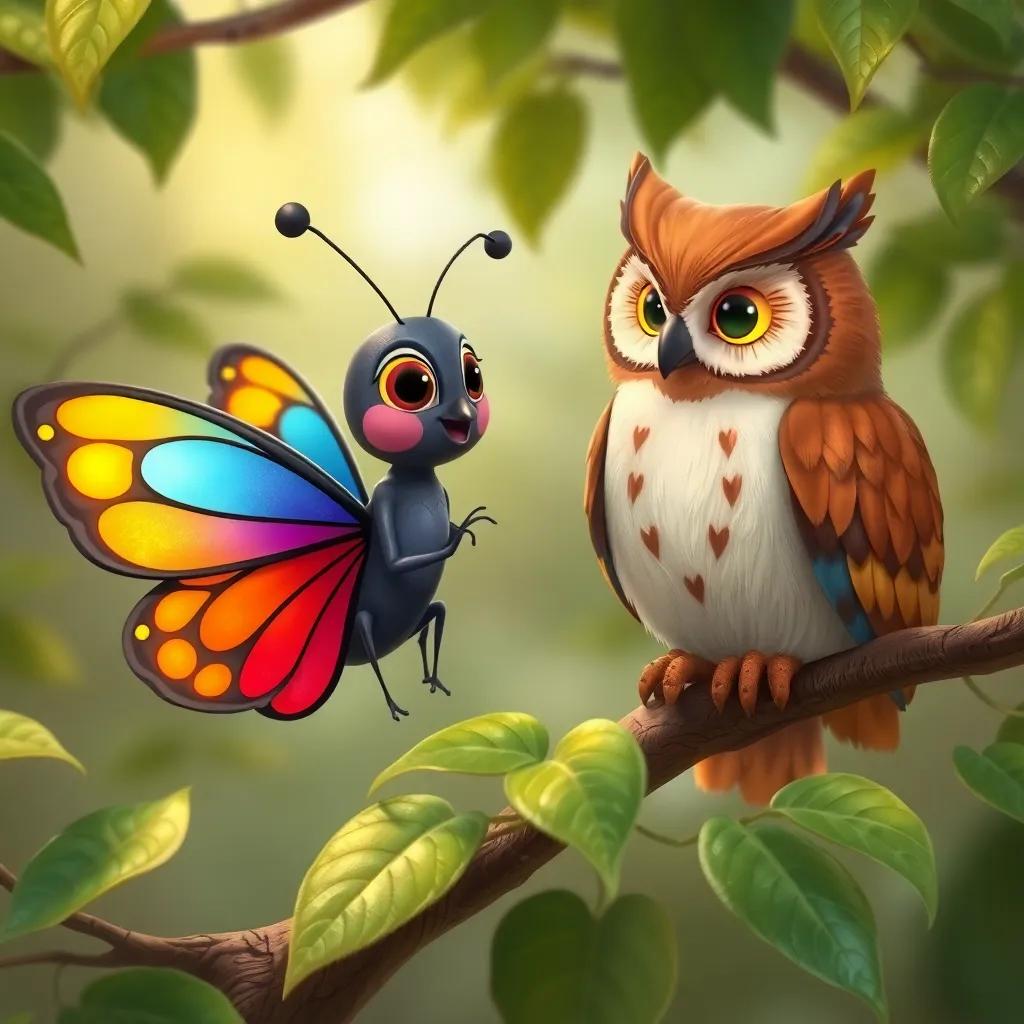 Artista, the butterfly with colorful wings, talking to a wise owl named Don Sabio, sitting on a branch, surrounded by green leaves, illustration, friendly and warm, high-quality