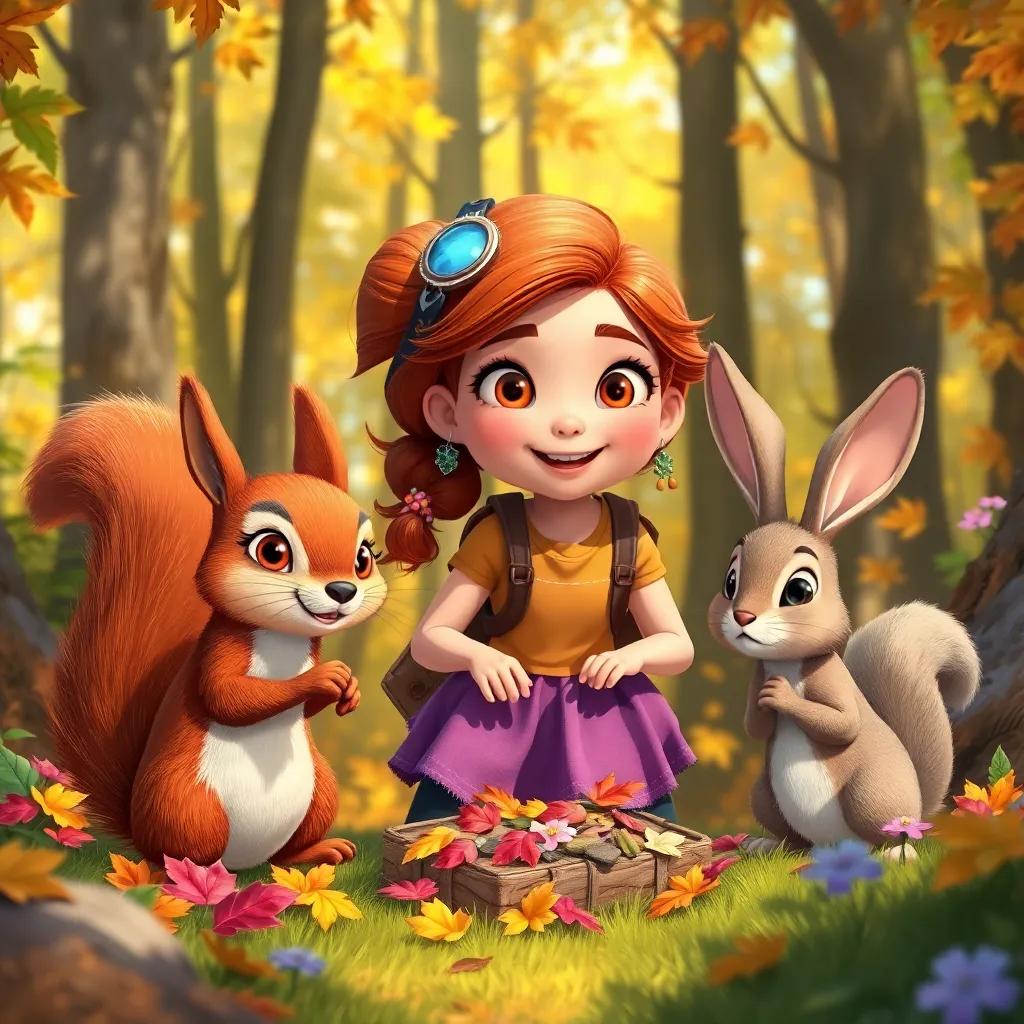 Artista and her friends, a fast squirrel and a curious rabbit, gathering materials in a sunny forest, with colorful leaves and flowers around them, digital painting, bright colors, adventure atmosphere, high-quality