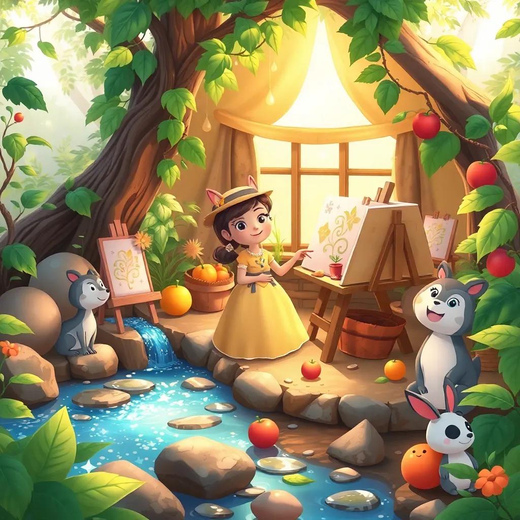 Artista setting up her little workshop near a sparkling stream with large leaves as canvases and fruits for paint, surrounded by her animal friends, illustration, cheerful, warm light, high-quality