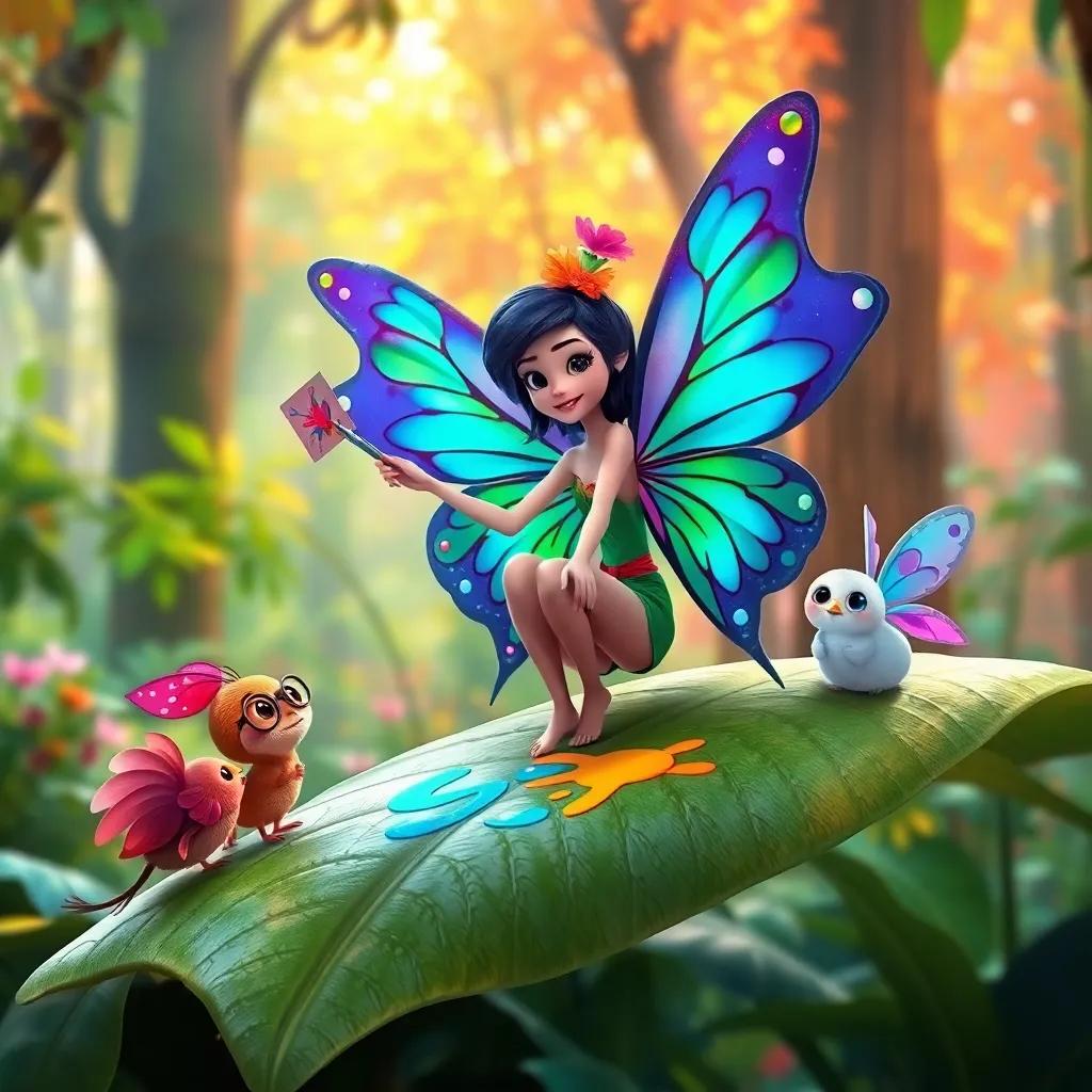 Artista painting on a large leaf, with her colorful wings fluttering as her friends watch in admiration, vibrant colors of the forest in the background, digital art, joyful scene, high-quality
