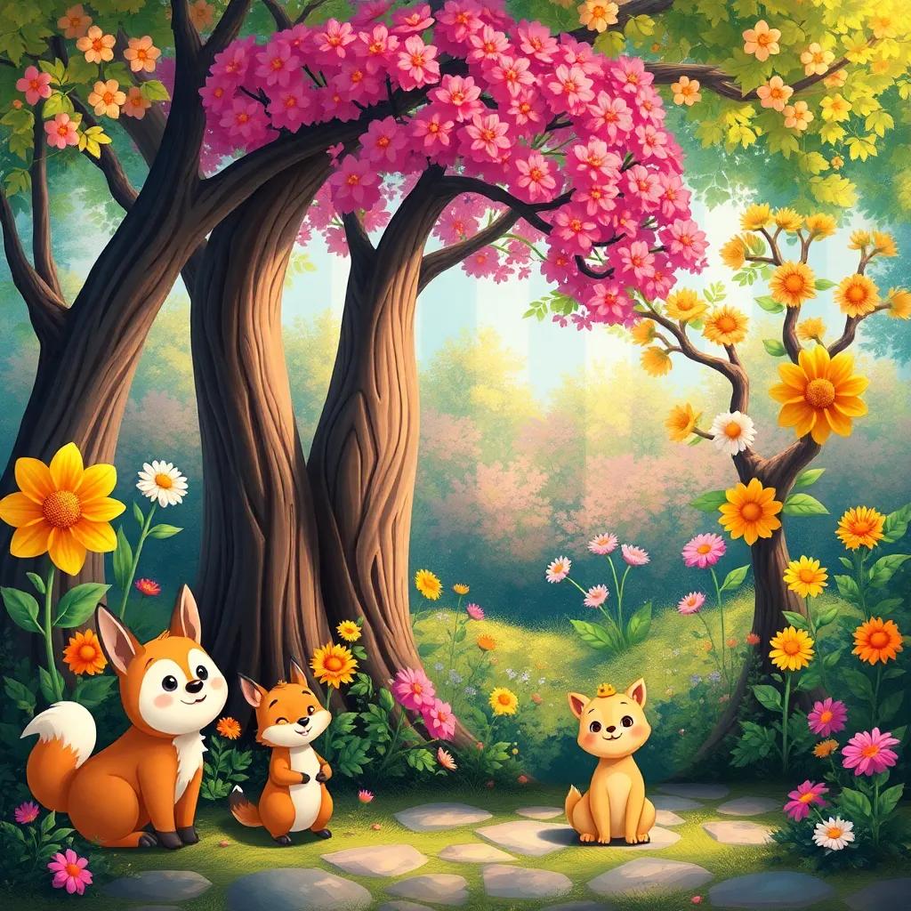 Artista's completed beautiful paintings of flowers and trees displayed for all her friends to see, with happy woodland animals around, illustration, vibrant colors, celebratory atmosphere, high-quality