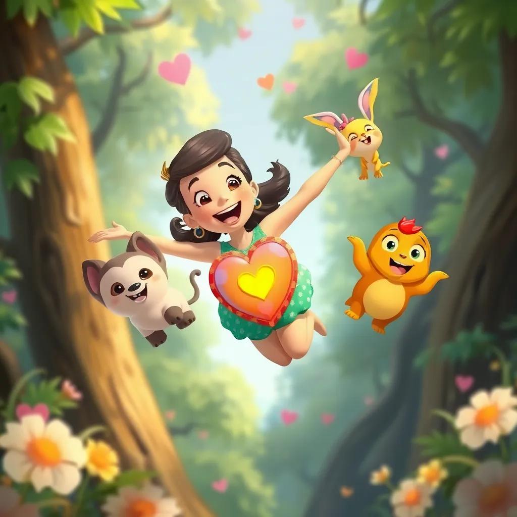 Artista flying joyfully with her friends, showing her colorful heart and the wonders of the forest, illustration, cheerful and uplifting, bright colors, high-quality
